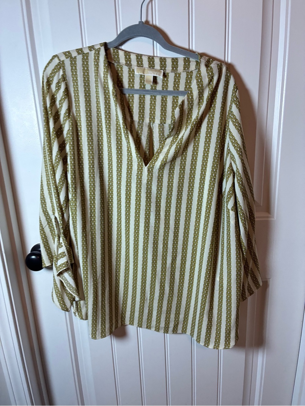 Michael Kors Olive & Cream Striped V-Neck Blouse